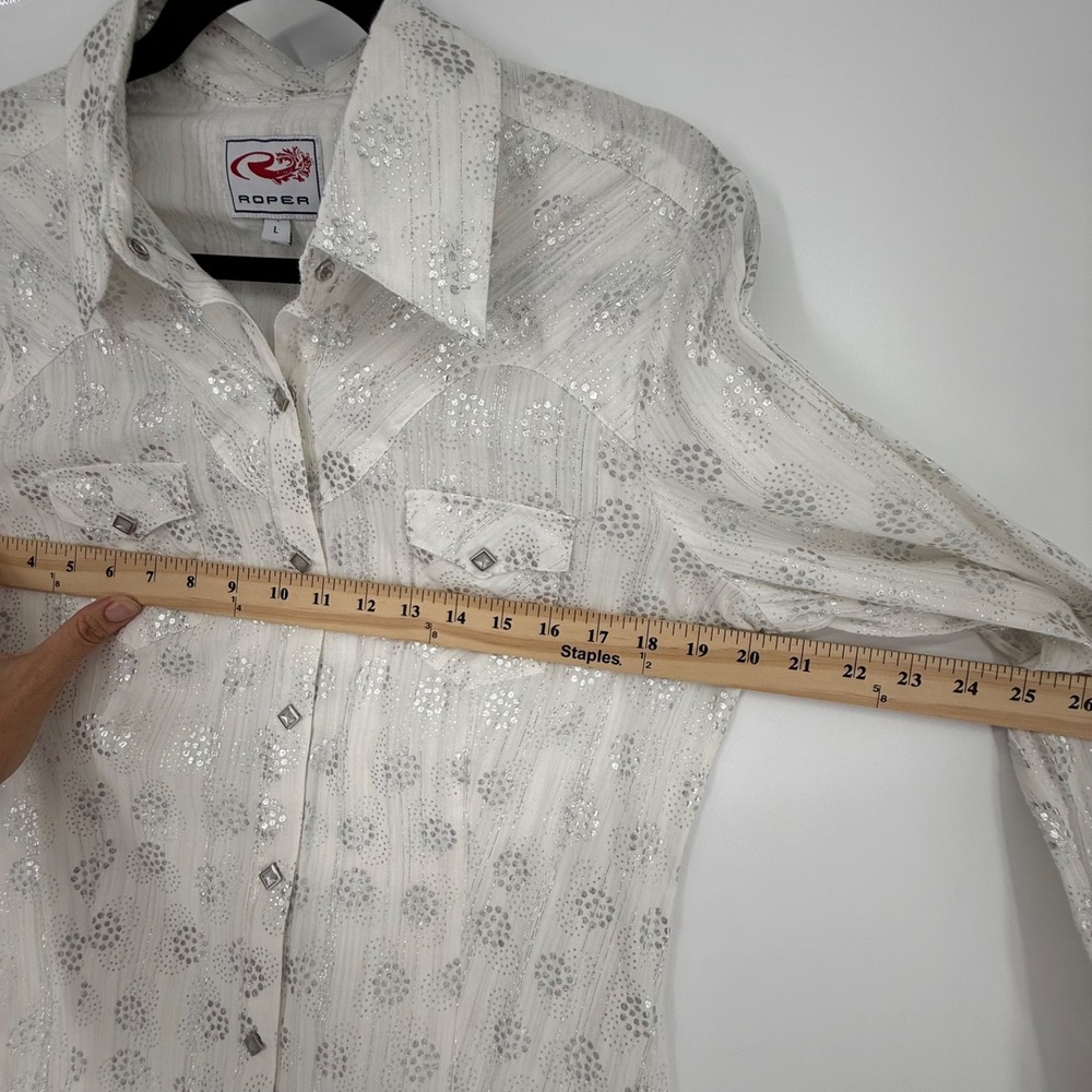 Roper Shirt Large Womens White Metallic Western Coastal Cowgirl Pearl Snaps - Picture 10 of 11